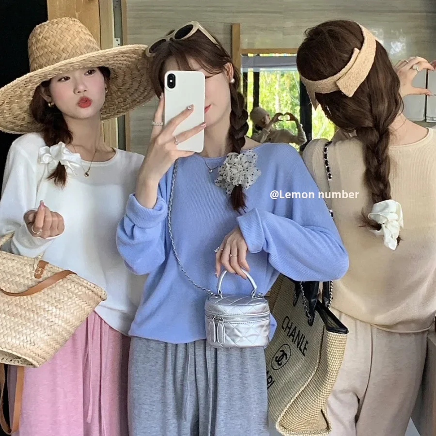 Новый сезон Свободный пуловер с круглым вырезом легкий Вязаный топ из смесовой