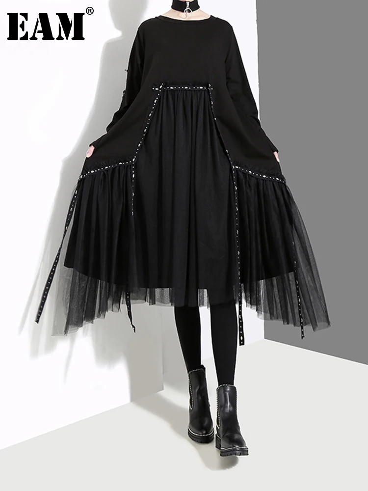 

[EAM] Women Black Mesh Asymmetrical Temperament Dress New Round Neck Long Sleeve Loose Fit Fashion Tide Spring Autumn 2022 1D757