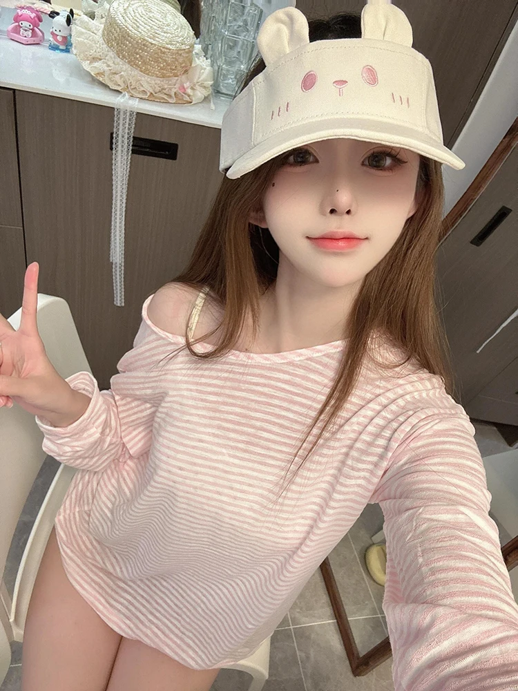 Plus Size Yljzz ~ Gentle Idle Sle Stripe Sloping Shoulder Long sleeve Sun Protection Cover up T-shirt Women Autumn Thin Casua...