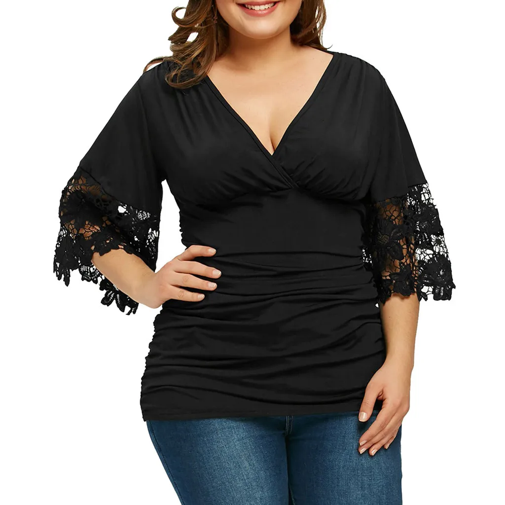 

Fashion Women V-Neck Half Sleeve Ruched Empire Waist T-shirt Womens Shirts Lace Green Tunic Tops for Women