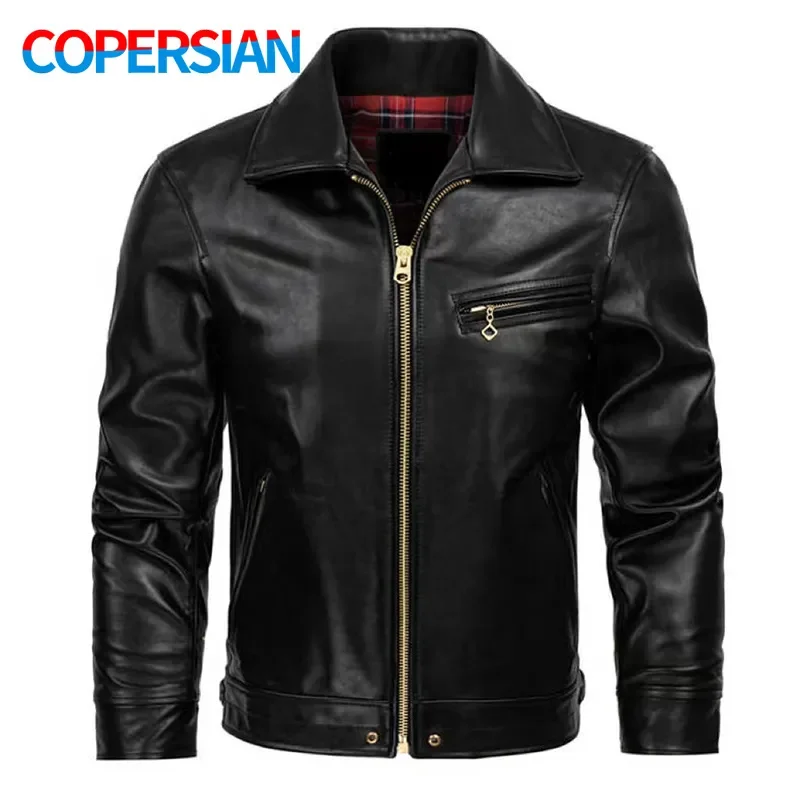 

Black Classic Natural Jacket Men's, Top Layer Cowhide Simple Slim Fashion Corium Moto Coat