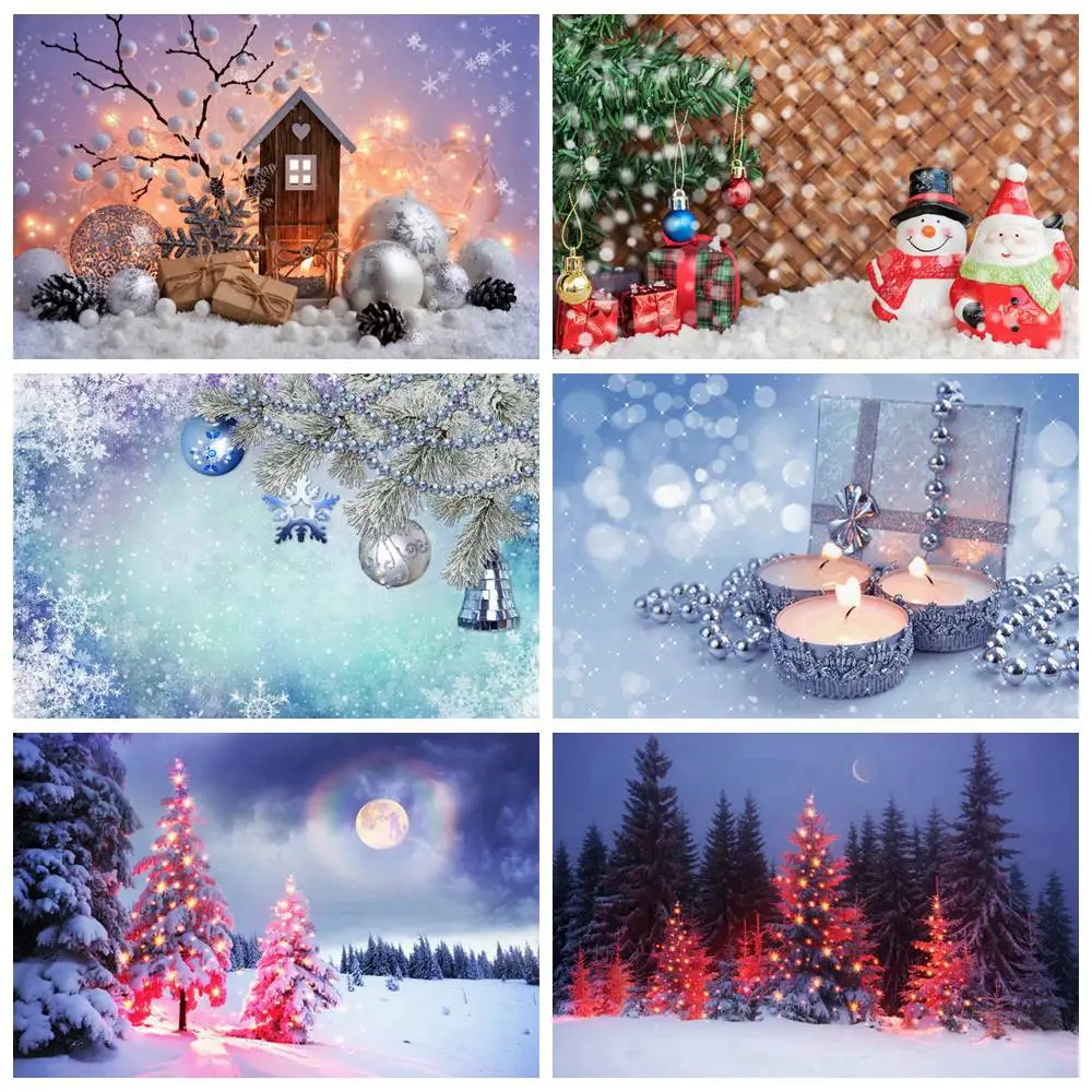 

Christmas Decoration Photography Backdrop Custom Children Silver Snow Lights Trees Bokeh Cabin Gift Party Photo Photo Background