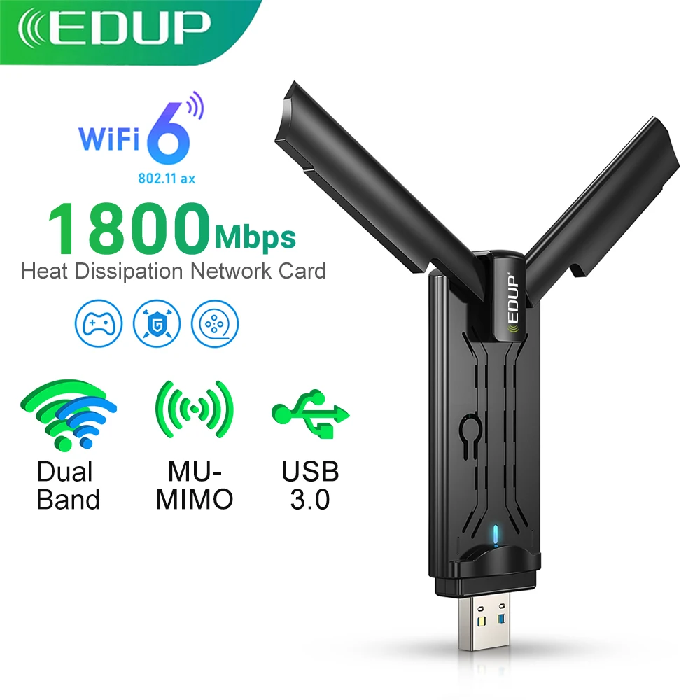 Фото EDUP 1800 Мбит/с Wi-Fi 6 USB беспроводная сетевая карта 802.11ax 2 4G/5 ГГц Стандартный адаптер