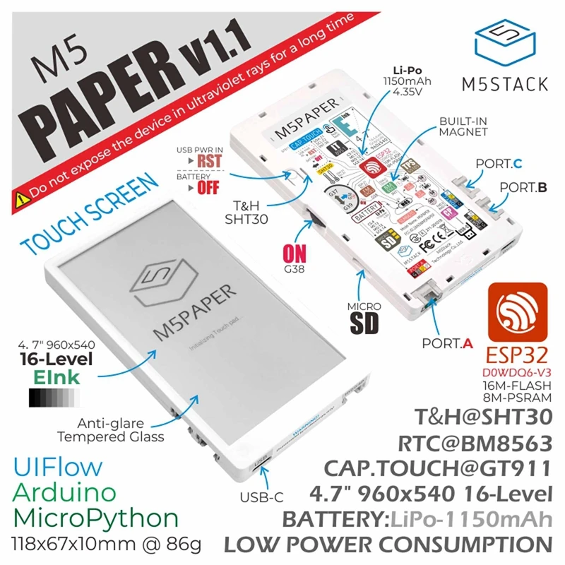 

M5Stack M5 Paper V1.1 ESP32 макетный комплект с 4,7 "940x540 E-Ink-Display