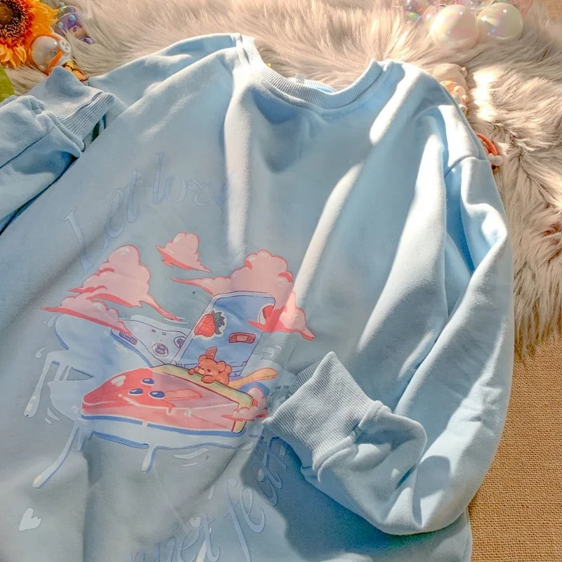 

Round Collar Hooded 2021 Autumn Long Sleeve Tops Pullover Women Ice Cream Melted Print Sweatshirt Sweet Harajuku Loose Hoodies