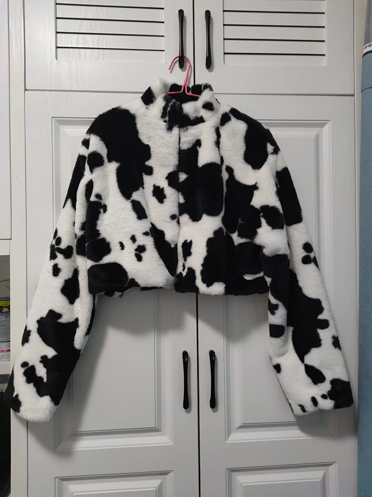 Punk Style Gothic Crop Faux Fur Coats Fashion Blocking Long Sleeve Cute Cow Women Cardigan Jackets Warm Streetwear Overcoat 2023