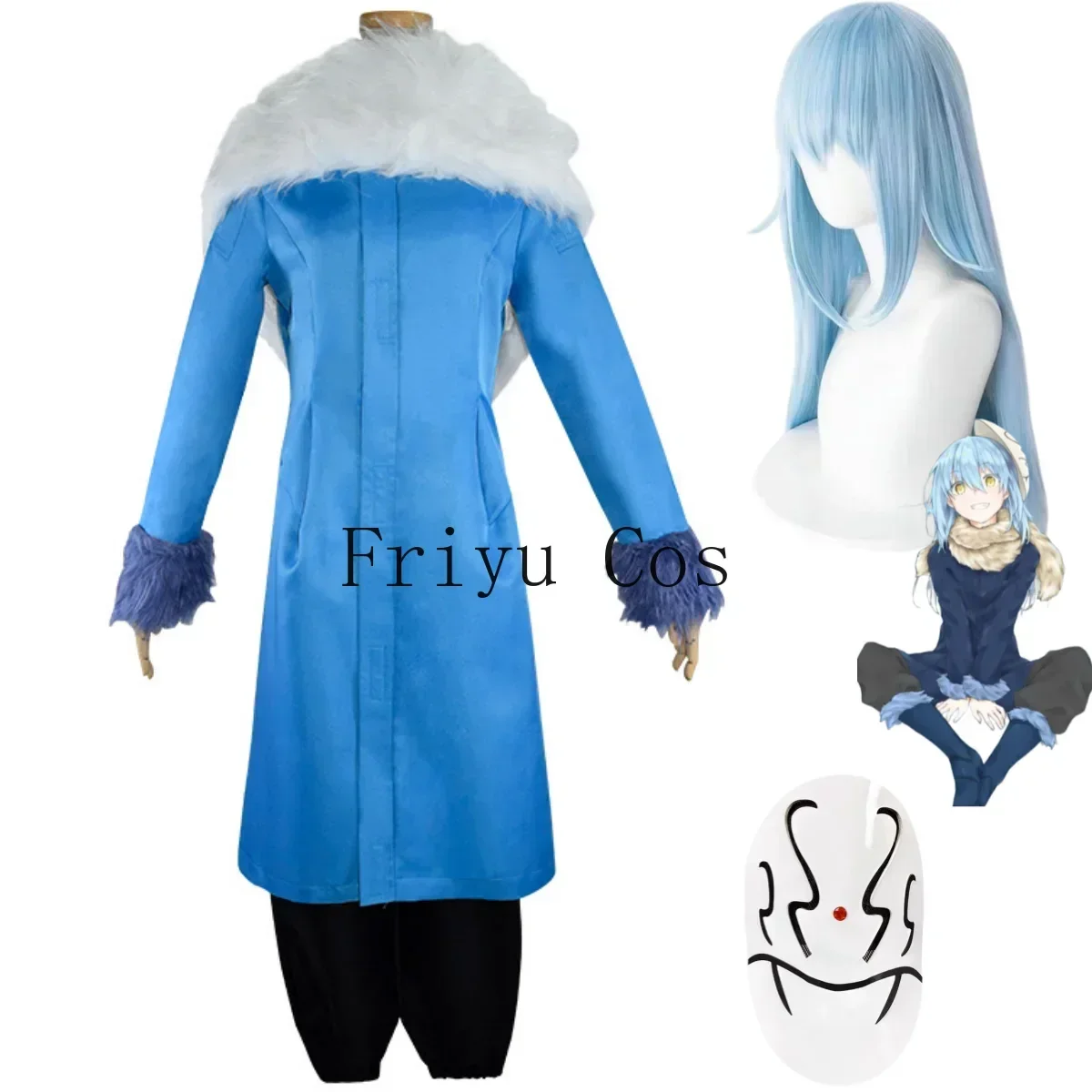 Фото Аниме That Time I Got Reincarnated As A Slime Rimuru Tempest Косплей Костюм Парик Синий Длинный Меховой Воротник Пальто Маска Мужской Костюм Для Вечеринки №1