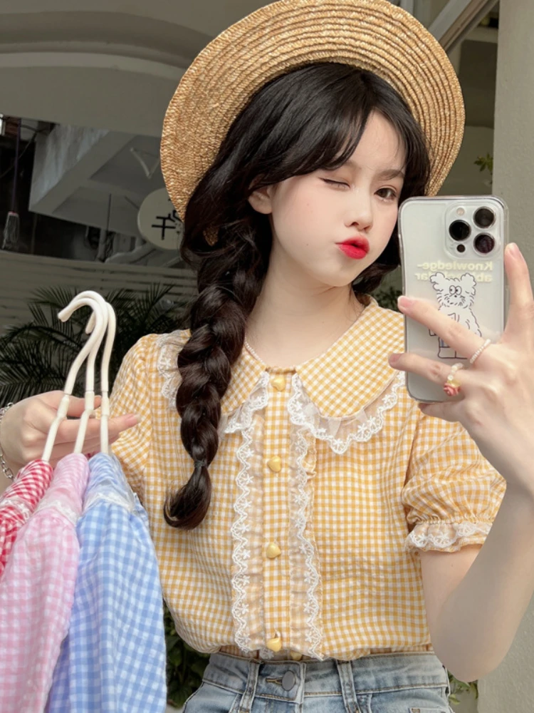 

Vintage Lolita Plaid Shirt Top French Elegant Woman Sweet Lolita Style Lace Patchwork Plaid Shirt Summer Lolita Ruffles Shirt