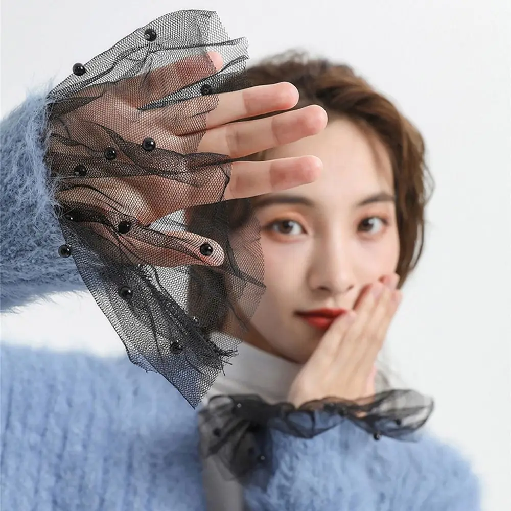 

Кружевные гетры для женщин, блузка с оборками и рюшами, ненастоящие расклешенные рукава, украшение для одежды, искусственные жемчужные рукава