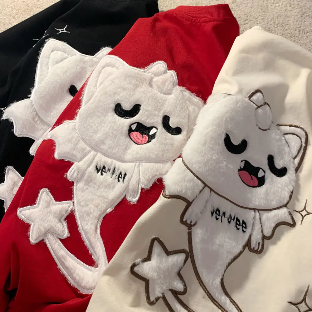 

2023 New Short Sleeve Female Student Korean Edition Loose and Lazy Style Pure Cotton T-shirt Flocked Embroidery Vintage Top Ins