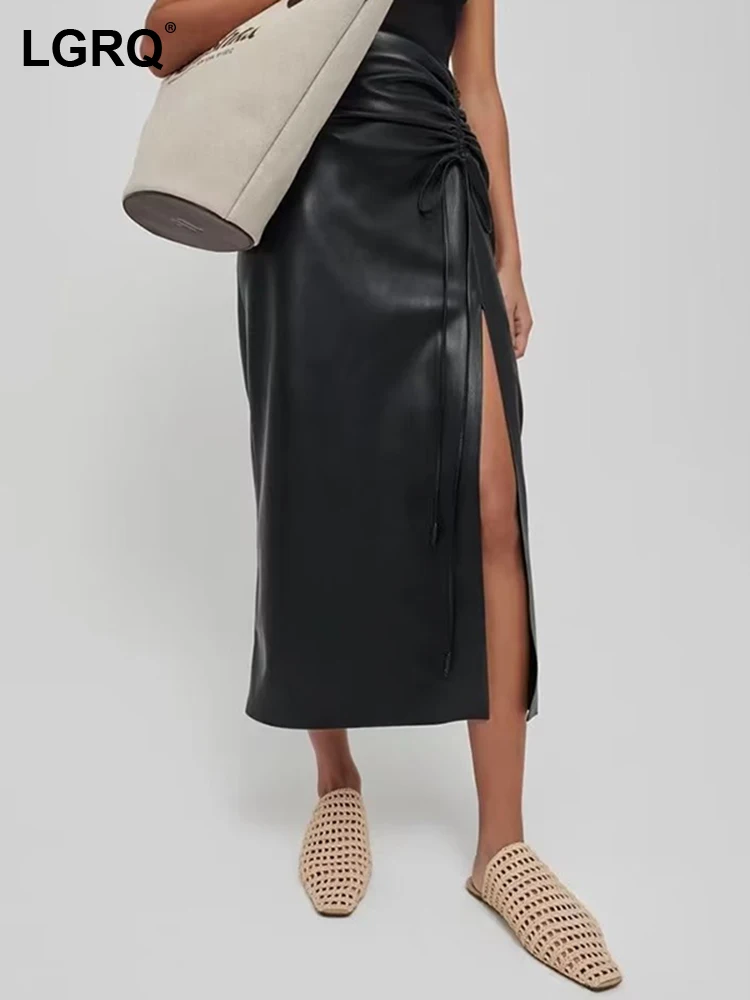 

Женская плиссированная юбка из ПУ кожи, с высокой талией