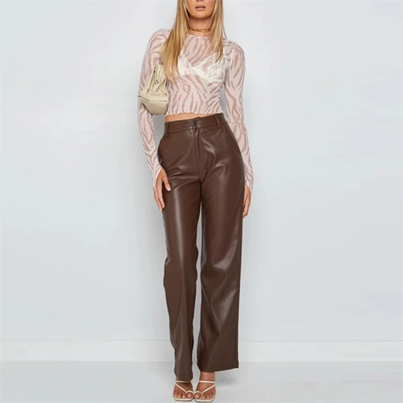 

Women PU Leather Straight Slimming Trousers Solid Mid Waist Side Pockets Pants Vintage Casual Streetwear Fashion Spring Autumn