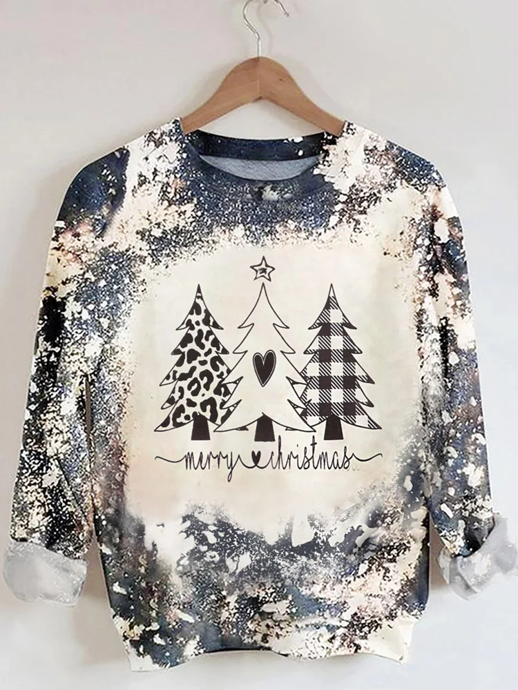 

Plaid Leopard Tree Bleached Sweatshirt Women Christmas Sweatshirt Long Sleeve Round Neck Jumper Casual Spring Clothes
