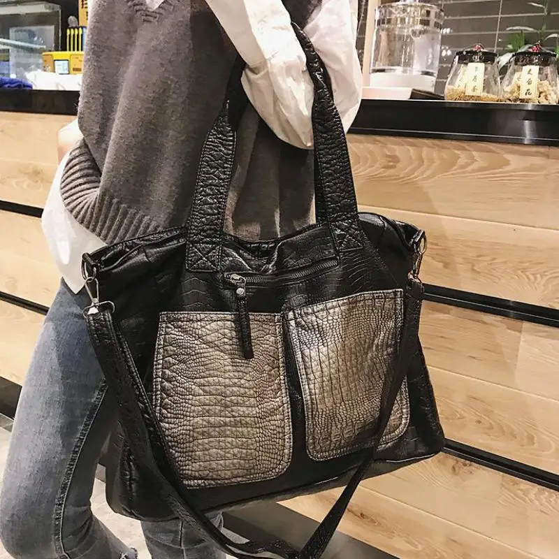 

Big Soft Leather Bag For Women Large Capacity Crocodile Travel Handbag High Quality Casual Shopper Female Vintage Hobo Bag Retro