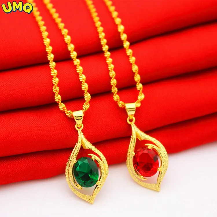 

Xiaotian New Fashion Jewelry Inlaid with Red Record Pendant Necklace Women's Copper Plated Vietnam Sand Gold Gift Jewelry