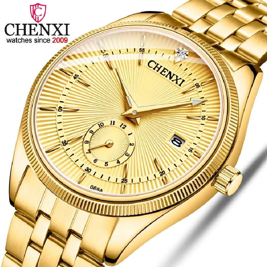 

CHENXI Brand Calendar Gold Quartz Watches Men Luxury Hot Selling Wristwatch Golden Clock Male Rhinestone Watch Relogio Masculino