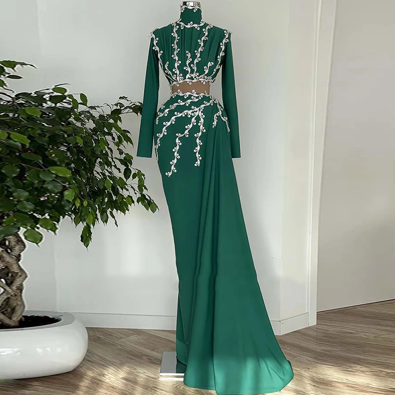 

Blue Robes De Soirée Luxurious Mermaid Lace Applique Saudi Arabicفساتين ال Elegant Long Sleeve High Neck Dubai Evening dresses