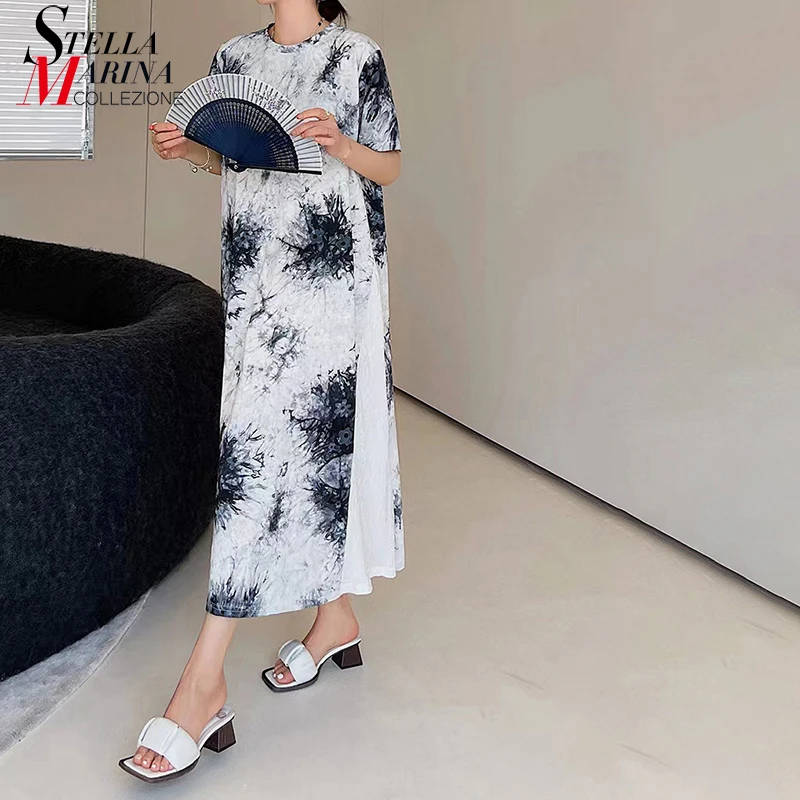 

New Korean Style Woman Summer White Big Size Vintage Printed Dress Short-Sleeve Straight Girls Holiday Large Robe Style WT043