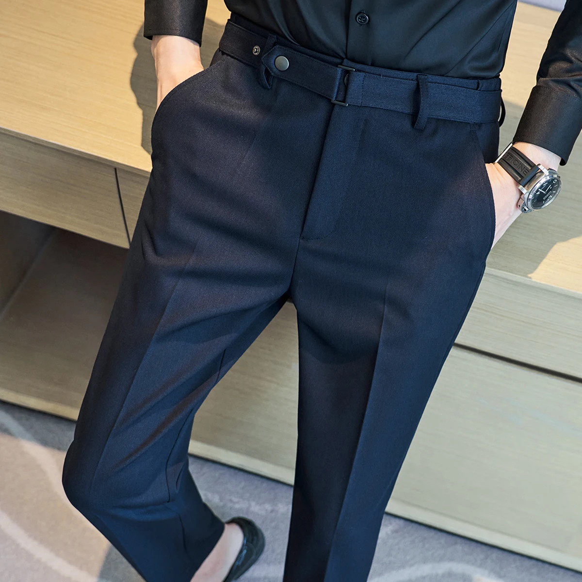 Dark stripe Men Formal Trousers 2023 New Fashion Belt Design Man Dress Pants Simple Slim Business Casual Suit Pant Plus Size 38