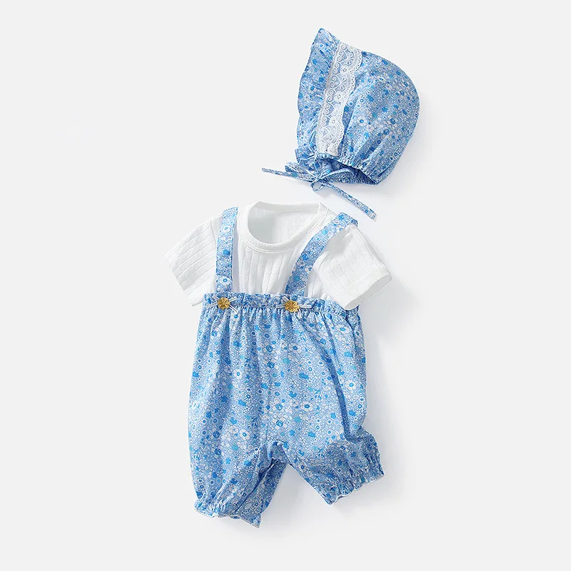 

2Pcs Baby Girl Summer Rompers Blue Floral Onesie For Newborns Short Sleeve Clothes Hat Set Lovely Infant Girls Jumpsuit Milamiya