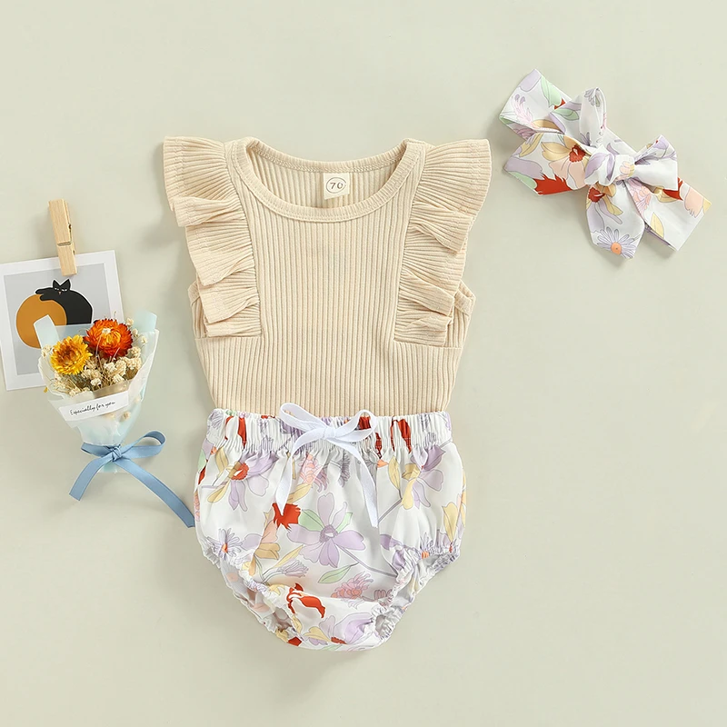 

Комбинезон для маленьких девочек; Милый стильный однотонный кружевной комбинезон без рукавов с круглым воротником + шорты с цветочным прин...