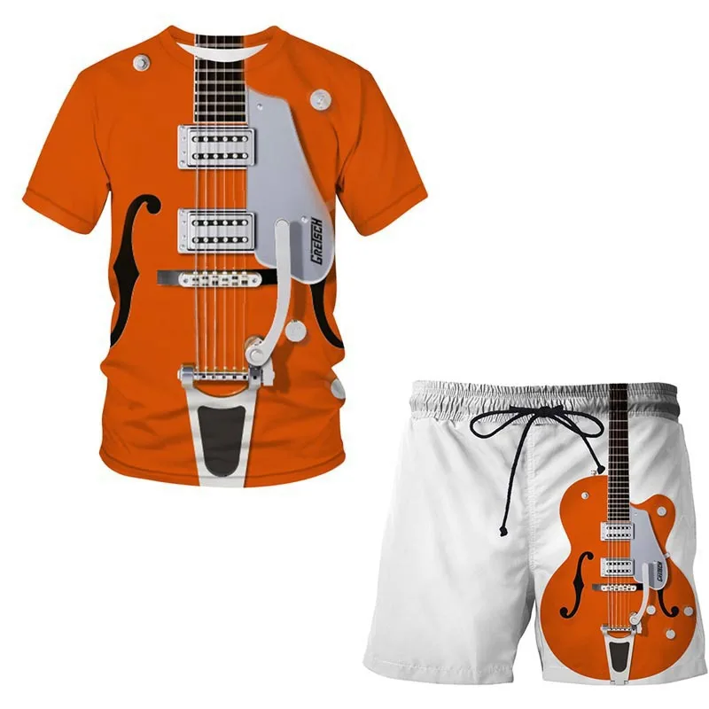 2023 Summer New Instrument Guitar 3D Printed Casual Men's Suit Short sleeve T-shirt + Sports Shorts 2-piece Sets O-Neck Loose