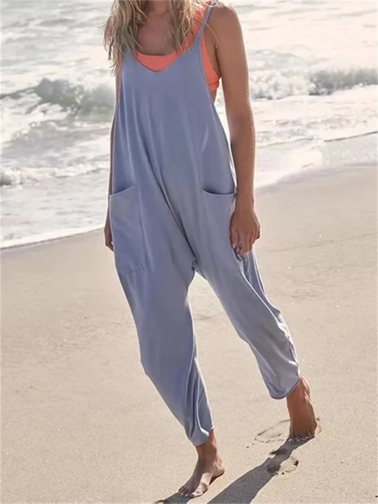 2023 Women Jumpsuit Solid with Pocket Sling Casual Sleeveless Jumpsuit Loose Strap PantsStreetwear