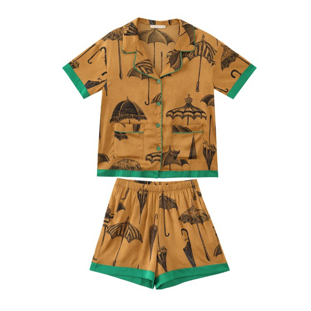 Maison Gabrielle 2022 Summer Chinoirserie Printed Pajamas Set Loungewear Sleepwear for Women 2 Pieces Silk Vintage Short Sleeves