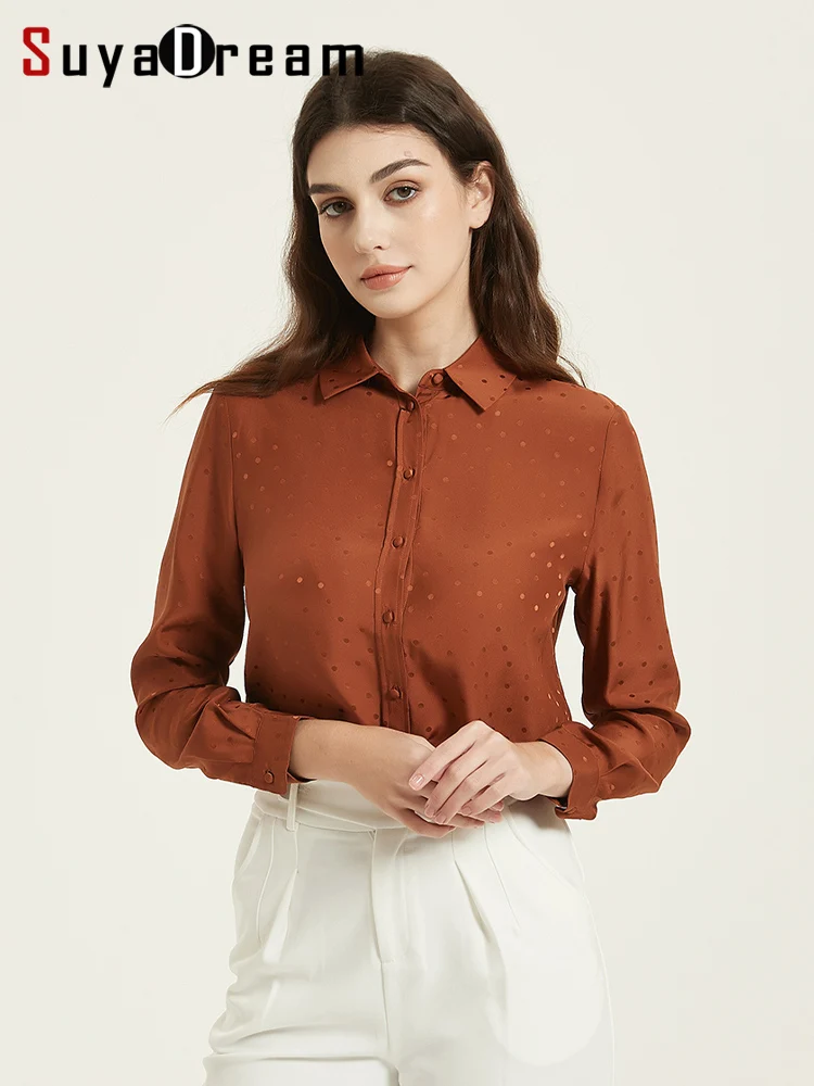SuyaDream Woman Shirts 100%Mulberry Silk Turn Down Collar Dots Jacquard Blouses 2023 Spring Summer Office Lady Top Caramel