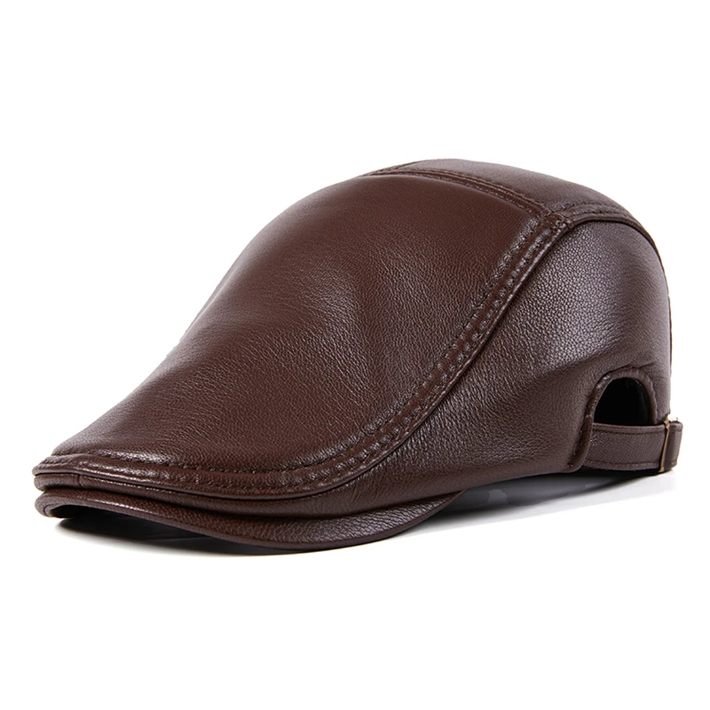 

New 2022 Men Street Bonnet Genuine Leather Beret Male Thin Hats 55-61 cm Adjustable Forward Cap Leisure Duckbill Casquette