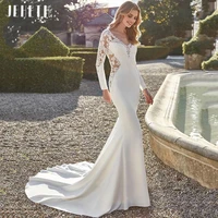 jeheth long sleeve mermaid wedding dresses 2022 v neck lace appliques sweep train elegant bridal gown button back custom made