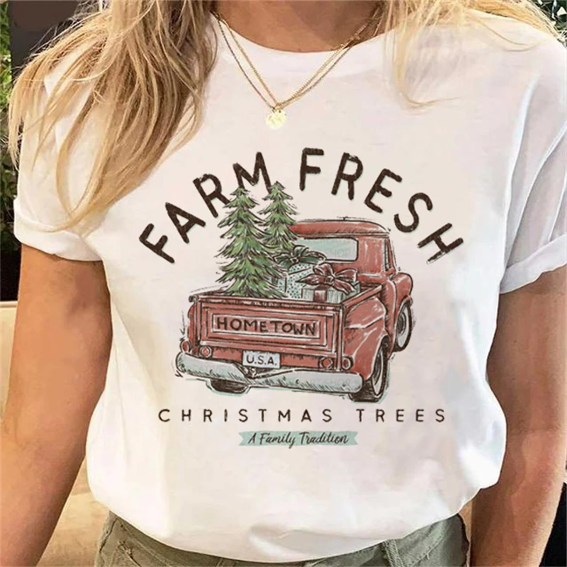 

Christmas New Letter Print Casual Women's T-shirt Fashion Casual 90's Truck Christmas Tree Cartoon Letter Print Short Sleeve T-s