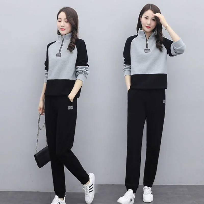 

796#2022New Spring and Autumn Fashion Casual Sportswear Suit Women's Loose Stitching Long Sleeve Running Two-Piece Suit