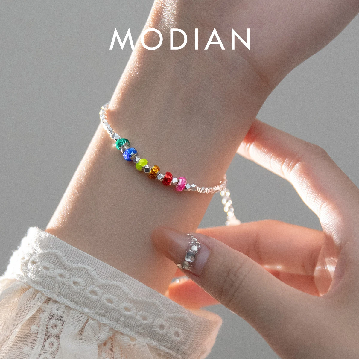 

MODIAN 925 Sterling Silver Rainbow Color Enamel Ball Basic Bracelet Platinum Plated Fine Jewelry for Women Anniversary Gifts