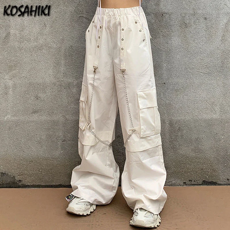 

White Cargo Pants Women Fashion Harajuku Wide Leg Loose High Waist Pants 2023 Streetwear Chain Trousers Joggers 2023