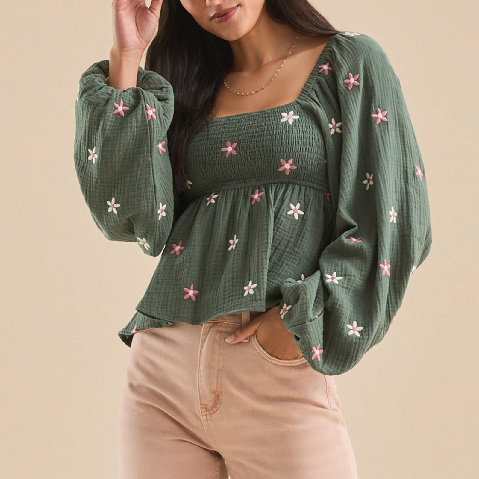 Женские модные футболки с цветочной вышивкой длинные рукава воздушным шаром