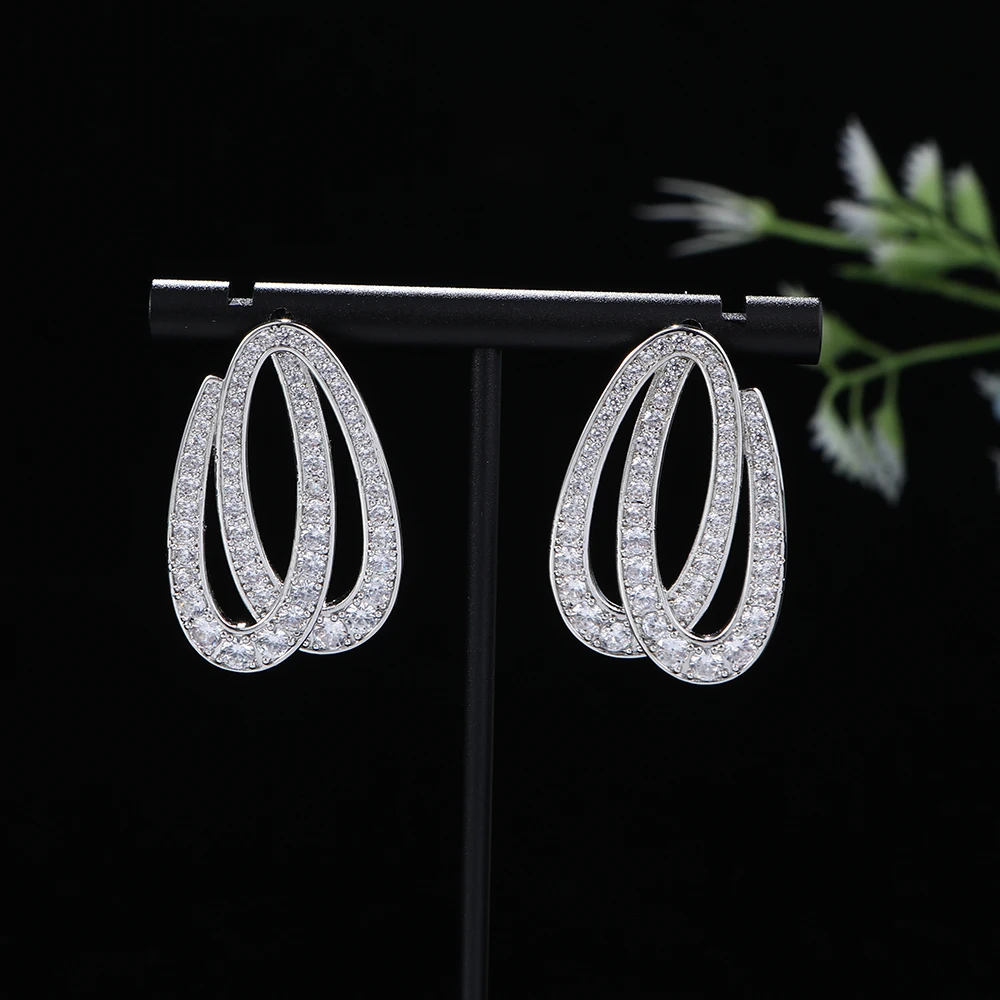 

2 Circle Bling Cubic Zirconia Pave Big Round Geometric Double Hoop Earrings For Women Bridal Dress Wedding Jewelry E1140