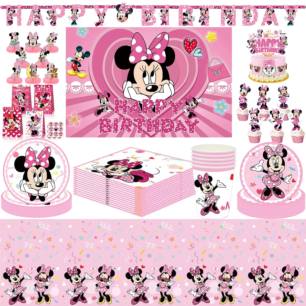 

Minnie Mouse Baby Bath Birthday Party Supplies Include Paper Cup Plate Napkin Tablecloth Cake Toppers Balloons for Kids Girls