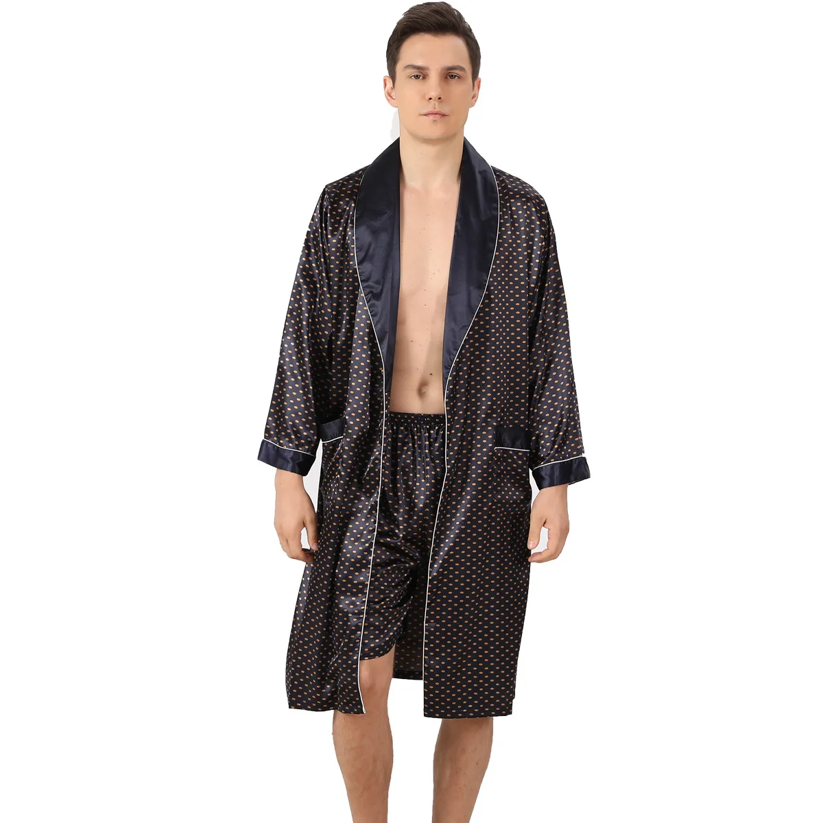 Bathrobe + Shorts Two-Piece Faux Silk Bath Robe Men Satin Bathrobe Soft Cozy Long-sleeved Hotel Sauna Print Men Kimono Nightgown