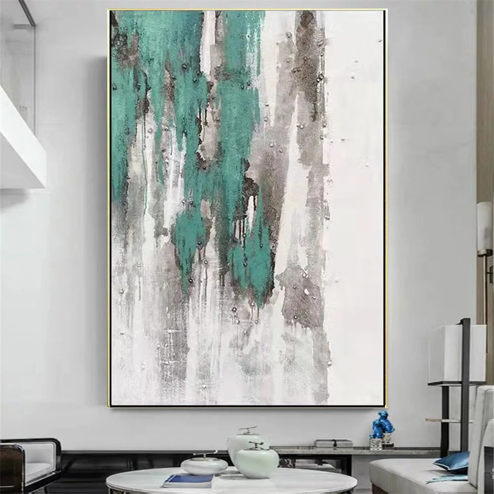 

French Home Decor Paintings Handmade Abstract Oil Painting Green Black And White Grain Texture Wall Art Picture For Living Room