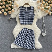 a line skirts and tank tops crop tops 2pcs sets geometric plaid pattern bodycon back zipper jacket pencil mini skirt 2022 new