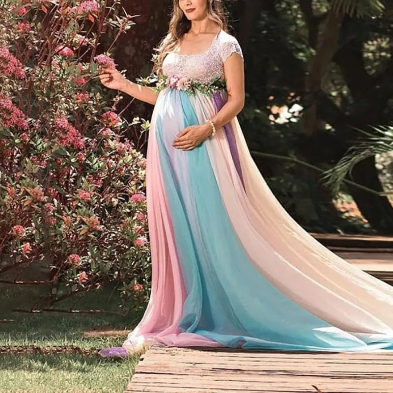 Rainbow Women Maternity Dress Mesh Tulle Pregnant Dress High Waist Maxi Dresses Photography For Pregnancy Photo Shoot