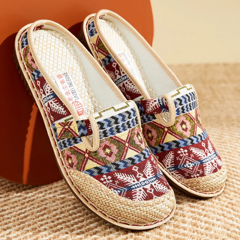 Ethnic Embroidery Women Slipper Summer Linen Flat Shoe Wedge Baotou Outdoor Slides Soft Sole Straw Sandals Ladies Slip-on Muller