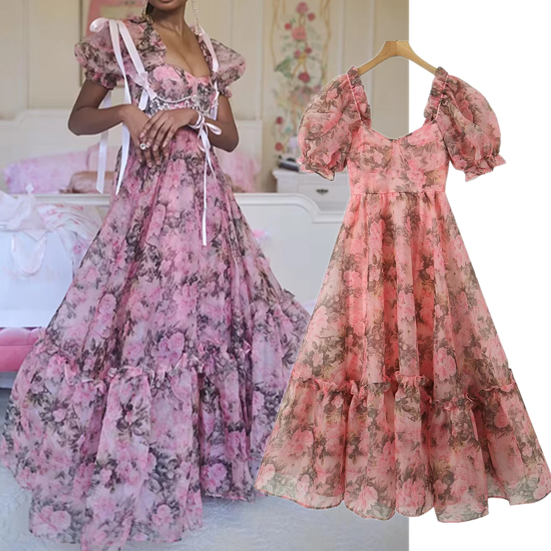 Jenny&Dave Casual Fashion Party Dress Lady French Vintage Floral Lotus Leaf Sleeve Maxi Dress Women