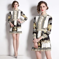 2022 baroque print shirt mini dress spring autumn long sleeve lapel slim cute pleated dresses woman designer casual party frock