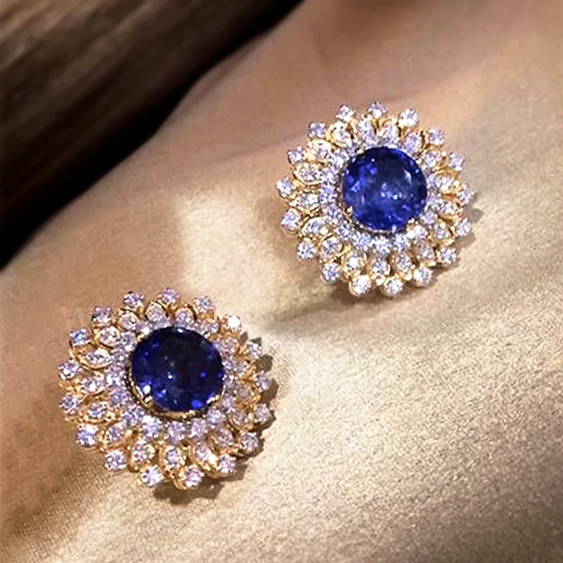 

New Gorgeous Blue Earrings for Women Gold Color Wedding Engagement Stud Earrings Full Crystal CZ Brilliant Fashion Jewelry