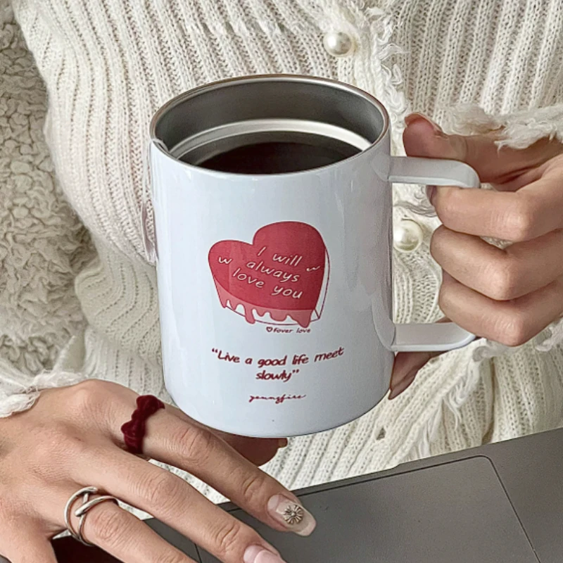 Red Love Printed Stainless Steel Insulated Mug with Lid Offi