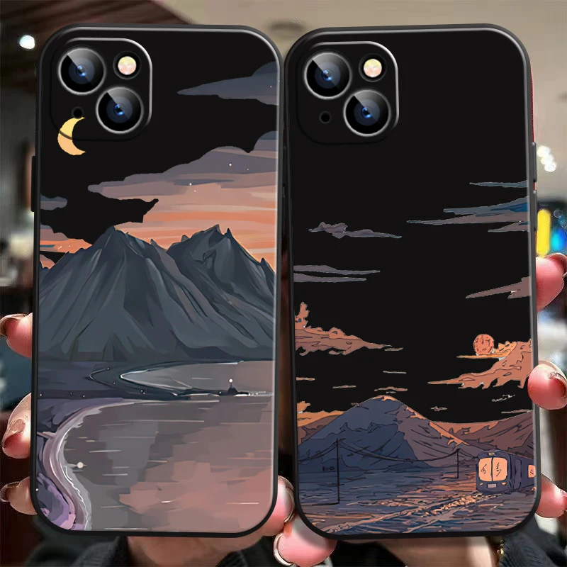 

Night Landscape Painting For iPhone 14 13 12 11 Pro Mini X XR XS Max SE 2020 7 8 Plus Phone Case Liquid Silicon TPU Black