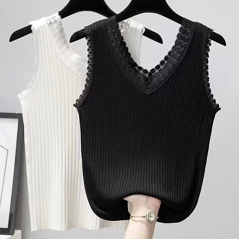 

YEMOGGY Ice Silk Knit Lace Camisole Vest Women's Summer Camis 2022 New Solid V-Neck Bottoming Shirt Outer Wear Inner Tanks Tops