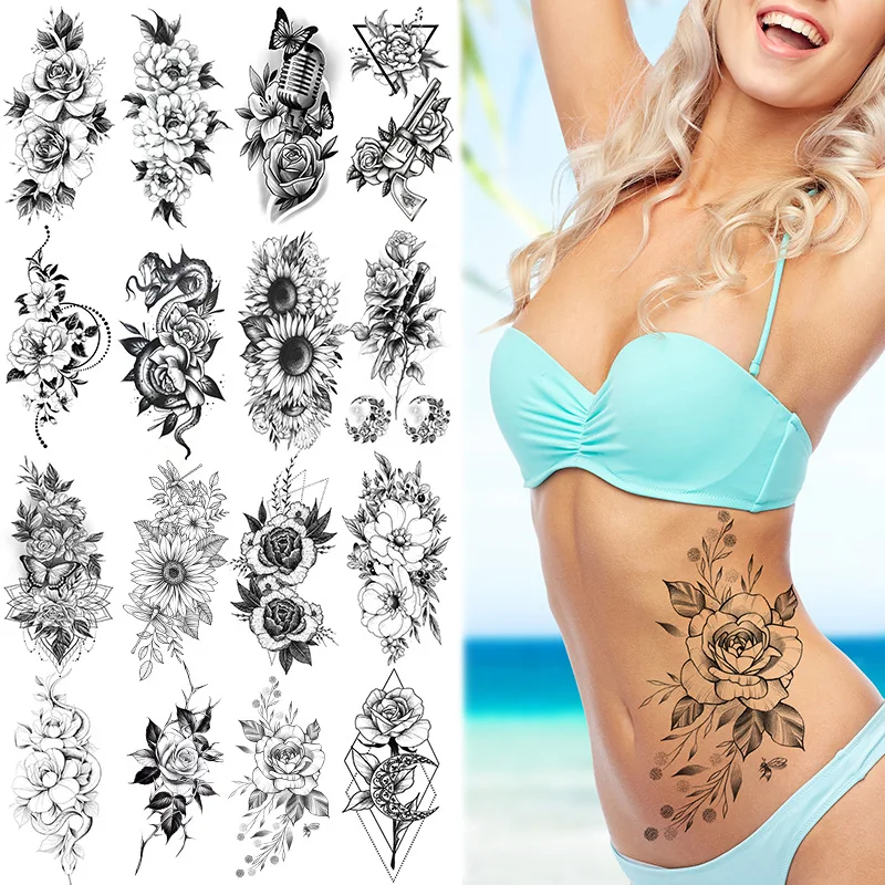 Waterproof rose flower sketch tattoo stickers black and white flowers sexy woman fake tattoo stickers body makeup waterproof